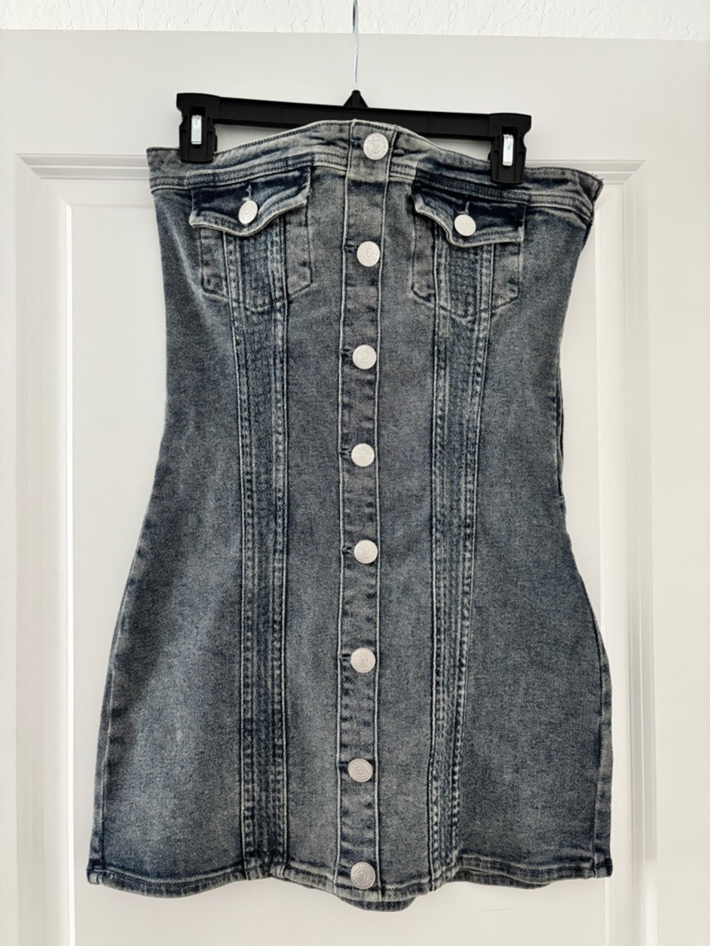 True Religion Strapless Button-Front Grey Denim Mini Dress - Picture 1 of 4